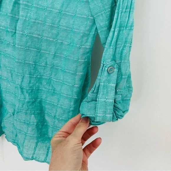 Kim Rogers Linen/Cotton 3/4 Sleeve Button Down Shirt Turquoise - Picture 5 of 14
